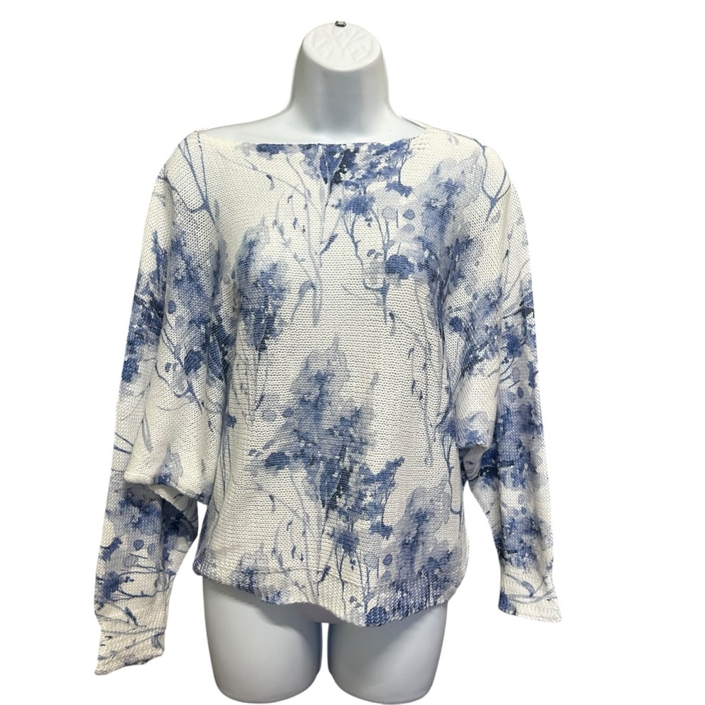 Luisa Ricci Italy Floral Mesh Knit Dolman Sweater | Blue & White | Size M